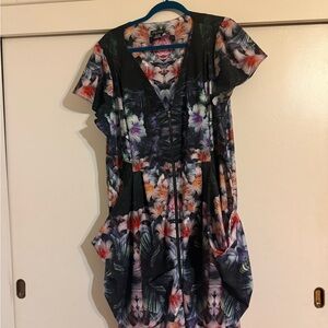 City Chic Asymmetrical Floral Dress - Black and Multicolor